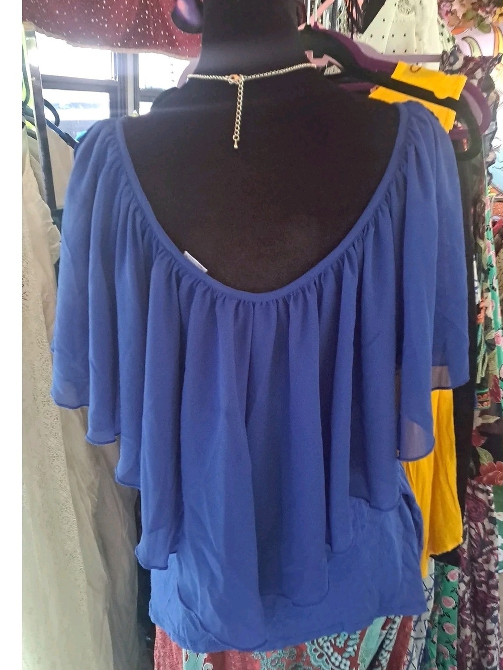 Ocean Blue Cascade Flutter Blouse | Cobalt Chiffon Ruffle Top | Venus Large - Picture 2 of 2